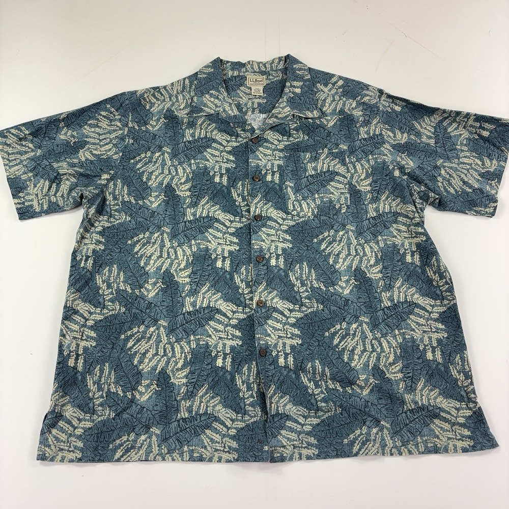 L.L. Bean Shirt Mens 2XL Blue Leaf Print Hawaiian Cotton Short Sleeve Button Up